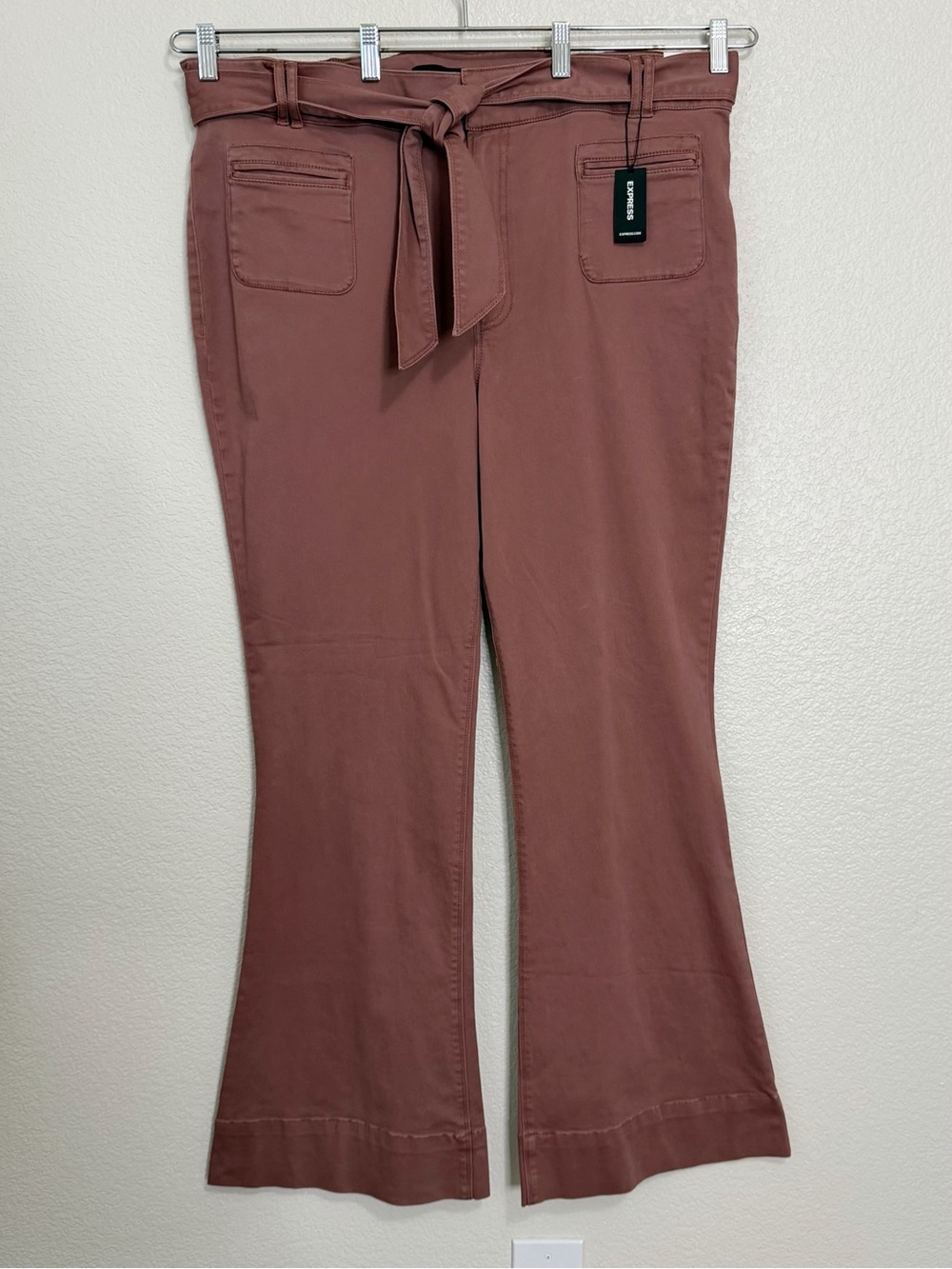 NWT Express Mauve Pink High-Rise Tie-Waist Stretch Bell Flare Pants, Size 18R
